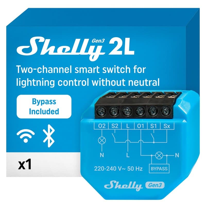 Shelly 2L Gen3 - Interrupteur connecté Wi-Fi, 2 canaux 200-700 W, Fil Neutre non requis, Bypass 1L/2L inclus, Éclairage connecté