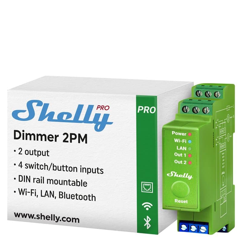 Shelly Pro Dimmer 2PM - Variateur de lumière Wi-Fi, LAN, Compteur de consommation intégré, 2 canaux (x200W), sur Rail DIN, Lampe
