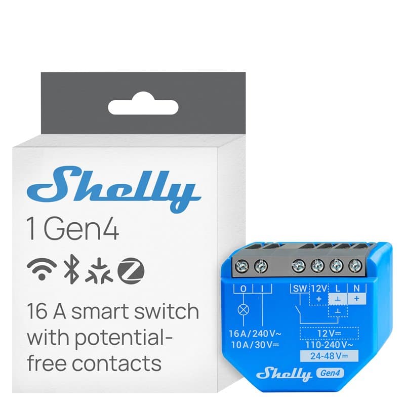 Shelly 1 Mini Gen4 - Module interrupteur Matter, Zigbee, Wi-Fi, 1 Canal 16A, Contacts secs, Ouvre-porte de garage connecté, Cont