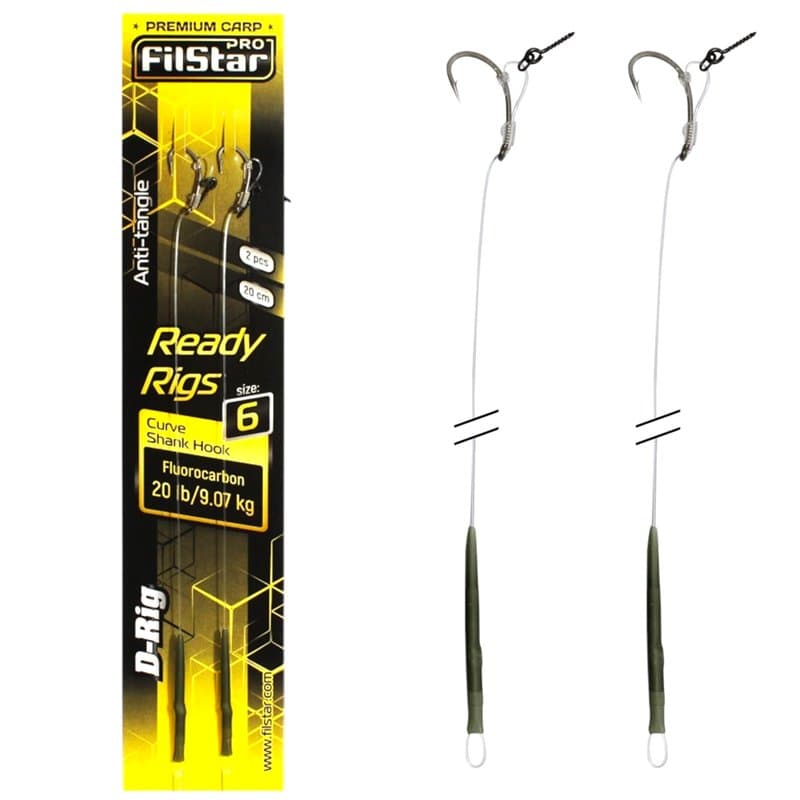 PRO FILSTAR Hameçon de pêche à la carpe D-Rig N6, bas de ligne fluorocarbone 20 cm 9 kg, Аnti gewangle Sleeve - Curve Shank Hook