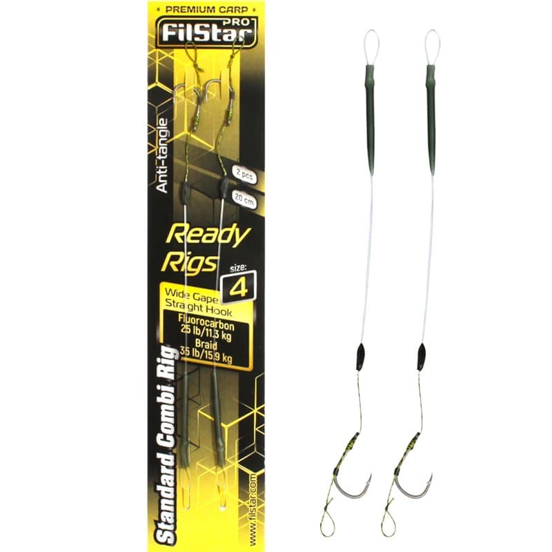 PRO FILSTAR Hameçon de pêche à la carpe Combi Rig Wide Gape N6, bas de ligne en fluorocarbone 20 cm, manchon d'angle, cordon tre