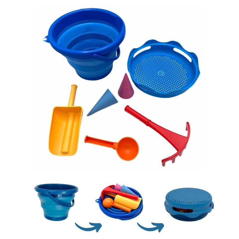 Schildkröt 7en1 Set de Jouets de Sable, Ensemble Innovant, Compact et peu Encombrant, Seau Pliable de 3 Litres avec 6 Outils, 97