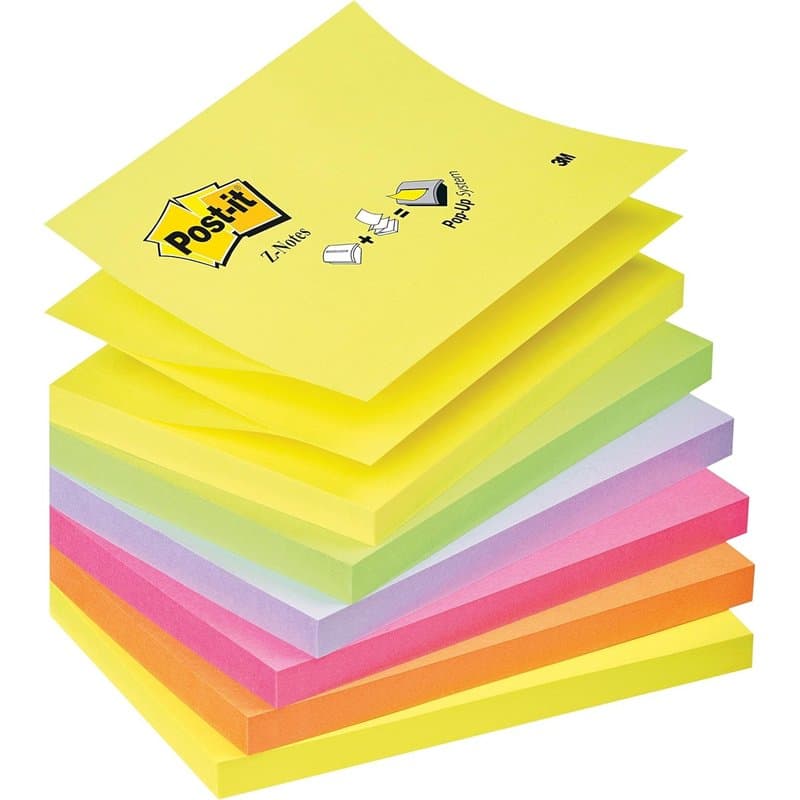 Post-it Z-Notes Autocollantes, Pack de 6 Blocs, 100 Feuilles par Bloc, 76 mm x 127 mm, Jaune, Orange, Rose, Vert, Violet - Feuil