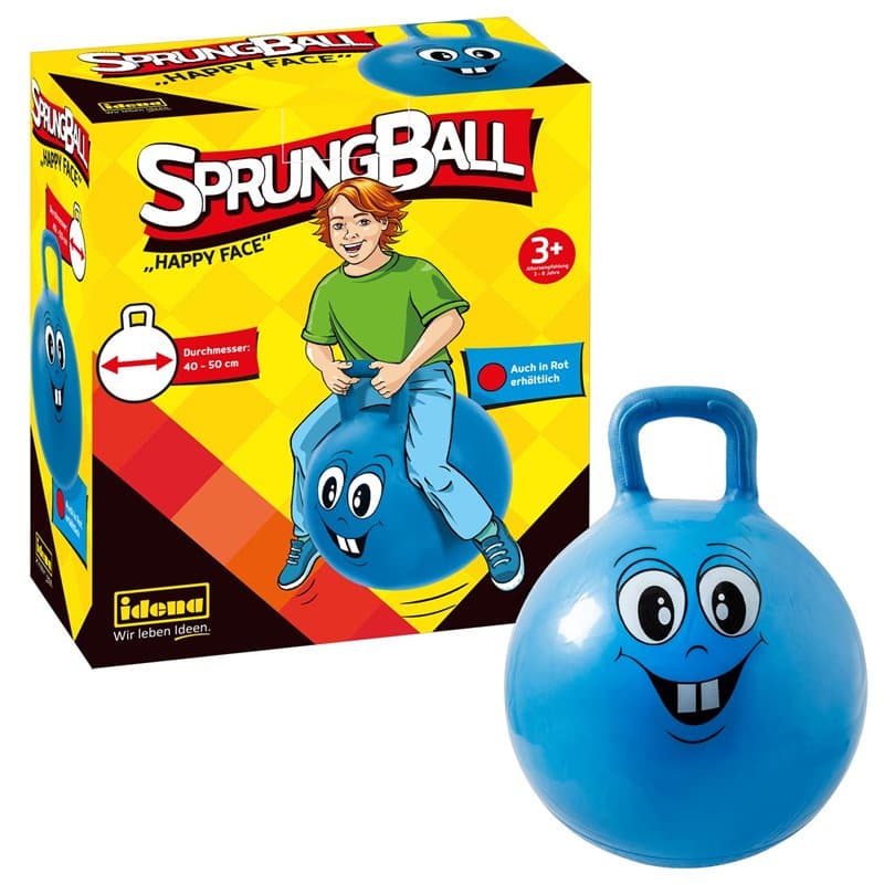 Idena 40094 Happy Face Ballon de Saut Bleu Diamètre env. 45-50 cm Charge Max. 50 kg Idéal pour l'été, Le Parc ou la Maternelle
