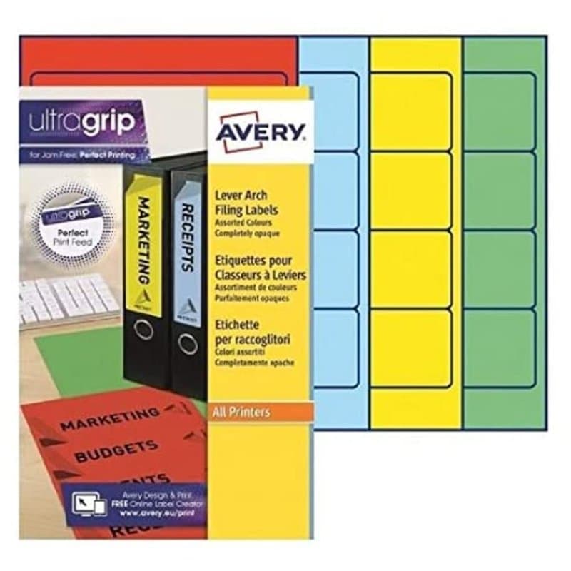 Avery - Pochette de 80 Étiquettes Autocollantes Assorties pour dos de Classeur, Personnalisables et imprimables, Format 192 x 61