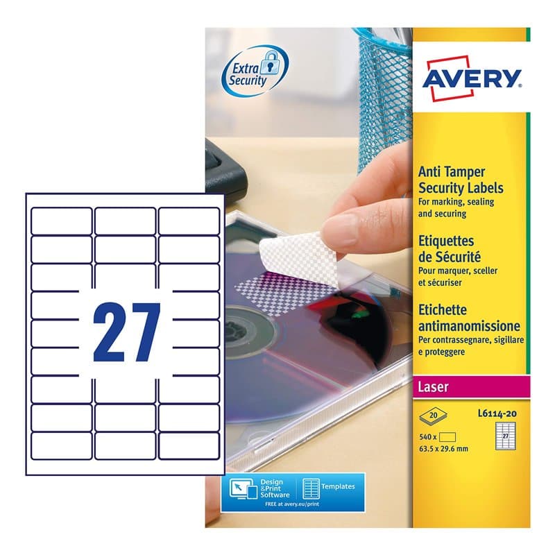 AVERY - 540 Étiquettes Sécurité Ultra-Résistantes Blanches Personnalisables - Format 63,5 x 29,6 mm - Impression Laser
