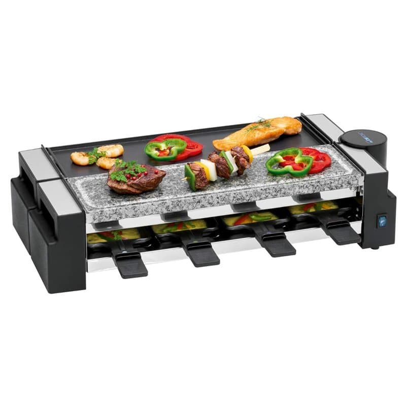 Clatronic RG 3678 Appareil à raclette 2 en 1, pierre naturelle et plaque en fonte réversible, articulation à 180°, 8 poêlons, ég