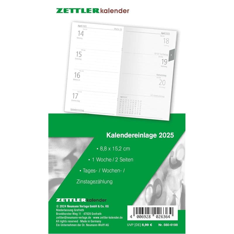 520-6198 Recharge de calendrier 2025 pour planificateur de poche type 560 8,8 x 15,2 cm 1 semaine sur 2 pages Carnet d'adresses