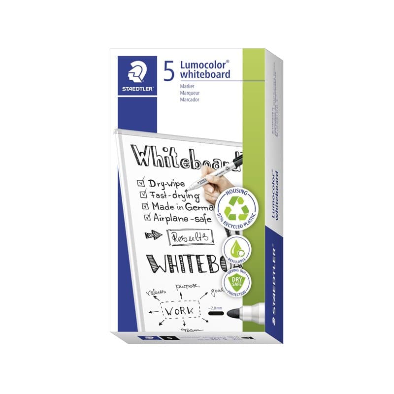 Staedtler Marqueur pour tableaux blancs Lumocolor, effaçable à sec et sans traces, largeur de ligne 2 mm, séchage rapide, rechar