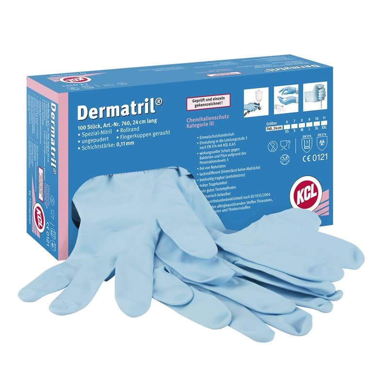 Honeywell KCL Dermatril® 740 Gants de Protection Chimique en Nitrile, Jetables, Imperméables, Sans Poudre, Bleu, Taille 7, 07400