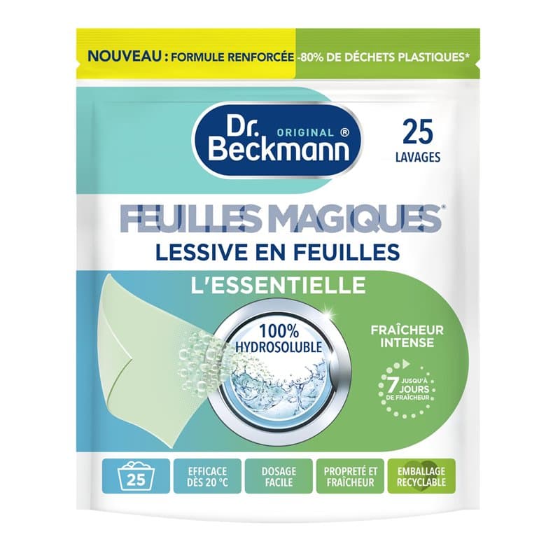 Dr. Beckmann FEUILLES MAGIQUES Lessive en feuilles L'ESSENTIELLE | Format pré-dosé, pratique et léger | 100% hydrosoluble, facil