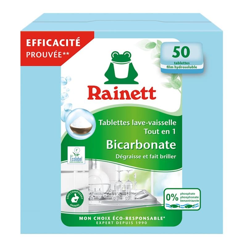 RAINETT - Pastilles Lave-Vaisselle Tout-en-Un au Bicarbonate - Résultat Brillant, Sans Traces - Etui Carton Recyclé & Recyclable