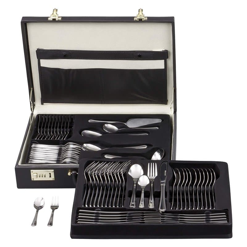 GRÄWE Mallette à couverts pour 12 personnes, 68 pièces en acier inoxydable, Etui Lot Ensemble de Couverts avec Mallette et Pelle