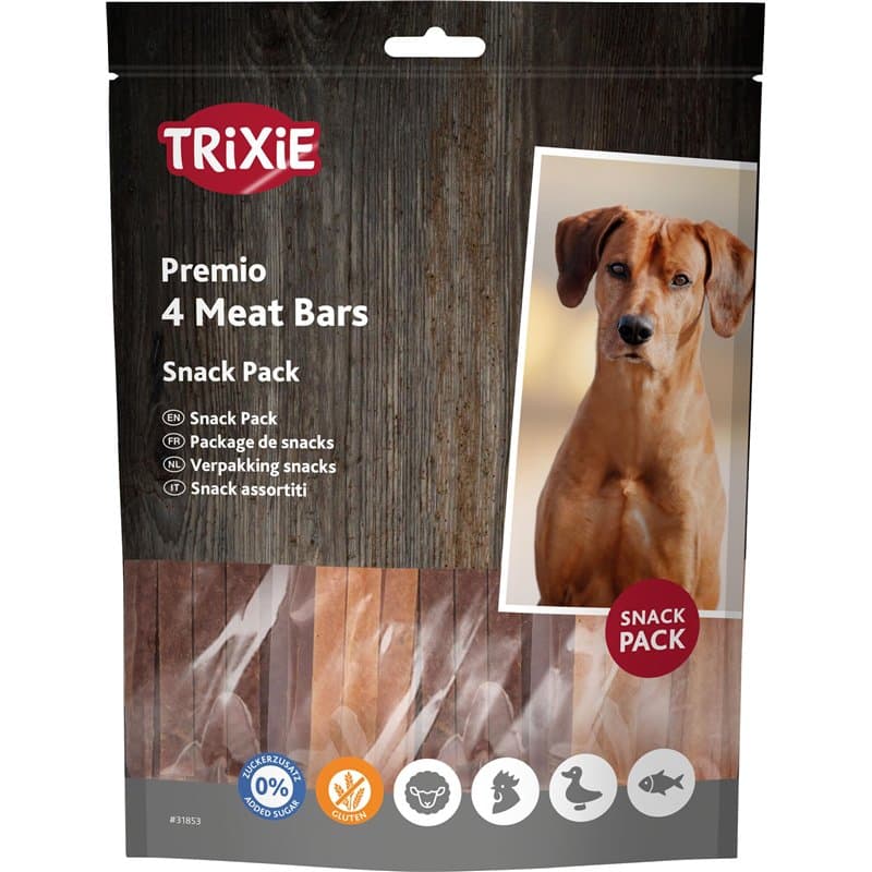 TRIXIE PREMIO 4 Meat Bars Snack Pack - quatre délicieuses variétés : poulet, canard, agneau et saumon - sans gluten - sans sucre
