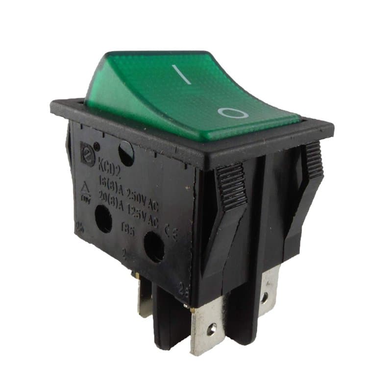 Interrupteur à bascule encastrable, 2 pôles, 4 broches, 16 A, 250 V, 28,5 x 21,9 mm, vert, avec éclairage
