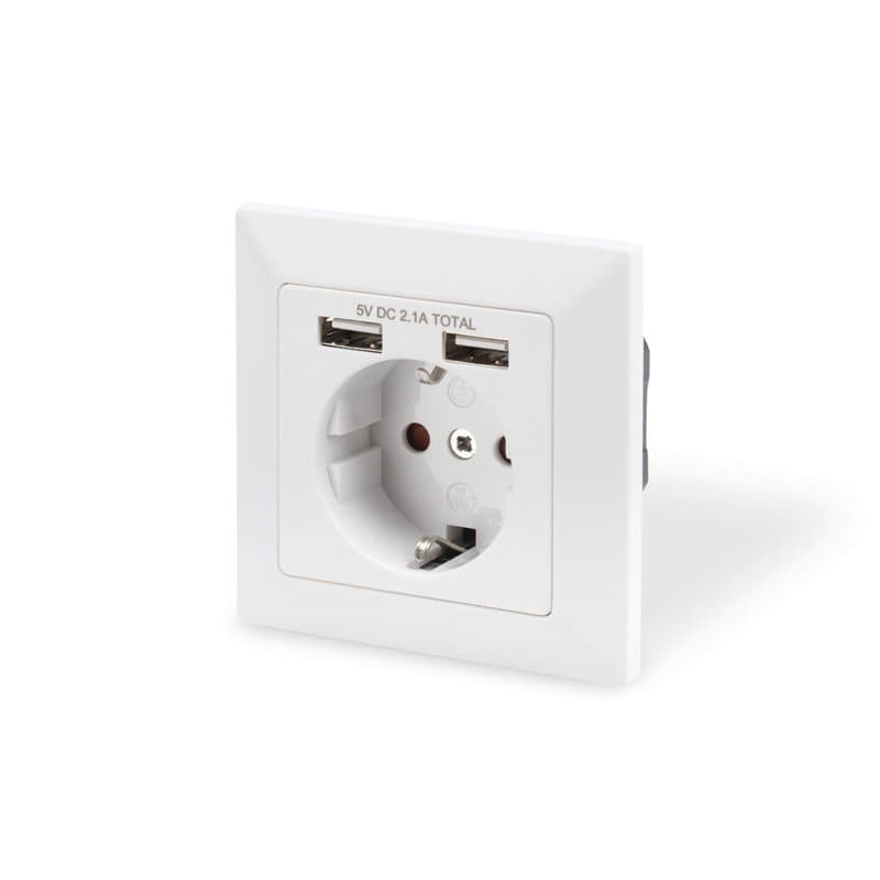 DIGITUS Prise encastrée avec chargeur USB-A - 2 prises USB - 5V / 2,1A total - 250V 50Hz - Profondeur d'encastrement 32 mm - Des