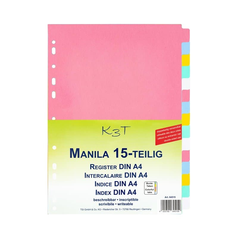 K3T Intercalaires de 15 pièces en carton manille solide avec onglets colorés, n° d'article 64515