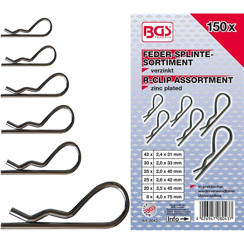 BGS 8043 | Assortiment de goupilles à ressort | Ø 2,4 - 4,0 mm | 150 pièces