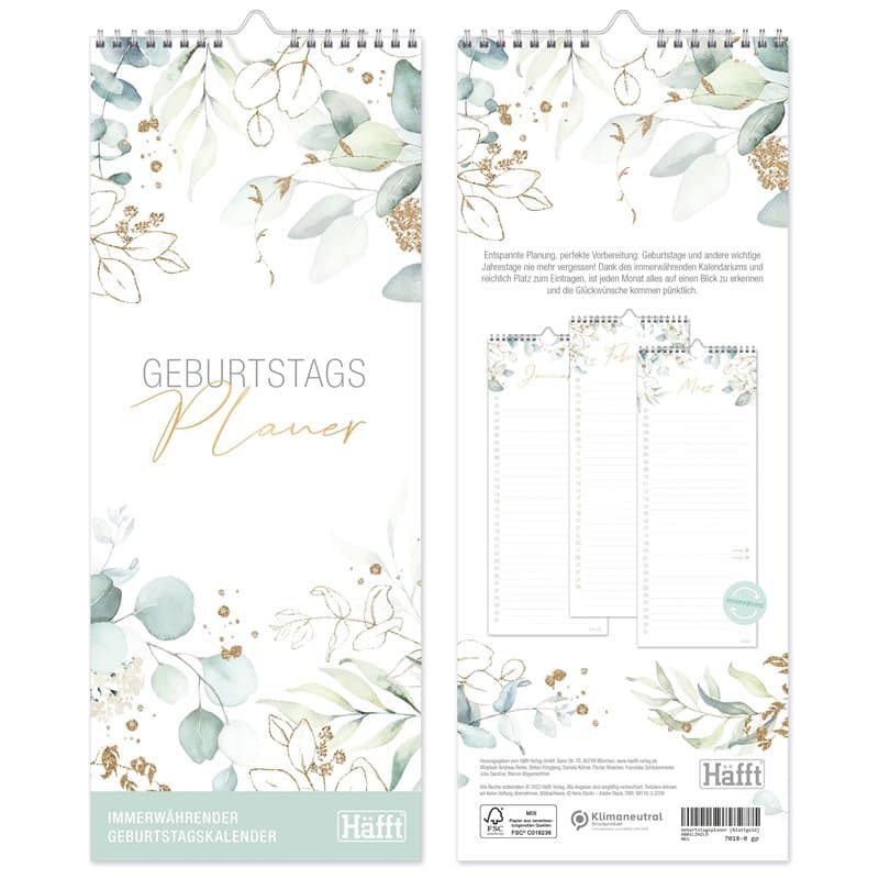 Häfft® Calendrier d'anniversaire mural perpétuel "Feuille d'or" 12 x 30 cm, calendrier d'anniversaire non daté, calendrier mural