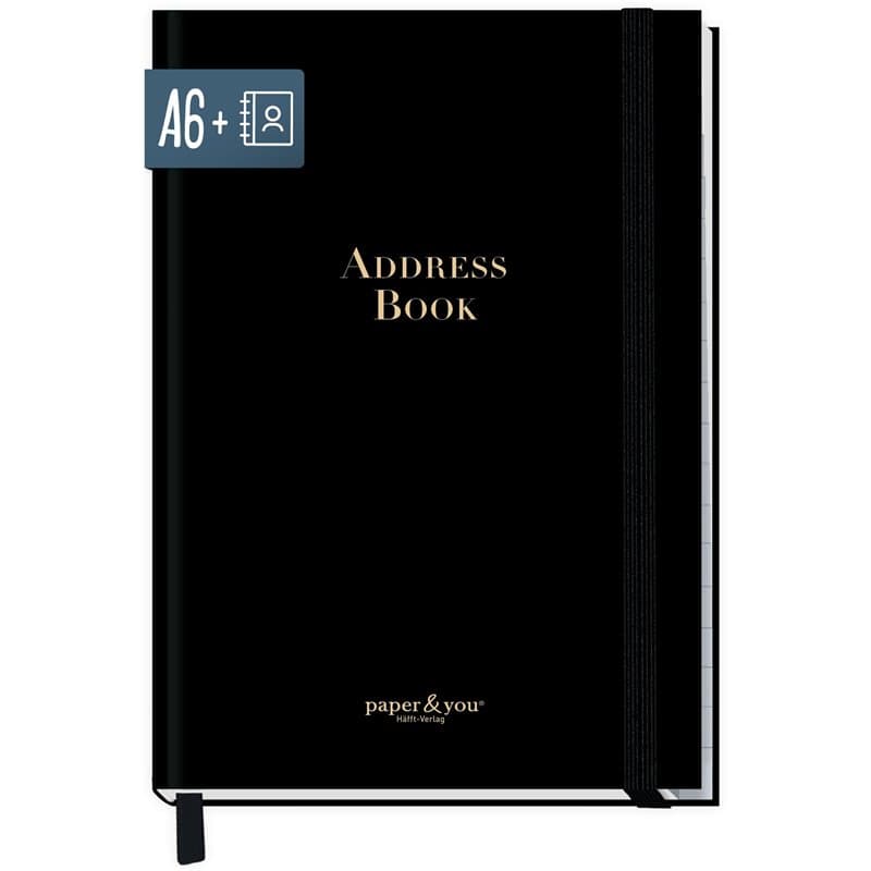 paper&you® Carnet d'adresses A6+ avec onglets A-Z et papier premium 120 g/m² « Black Edition » pour contacts, anniversaires et m