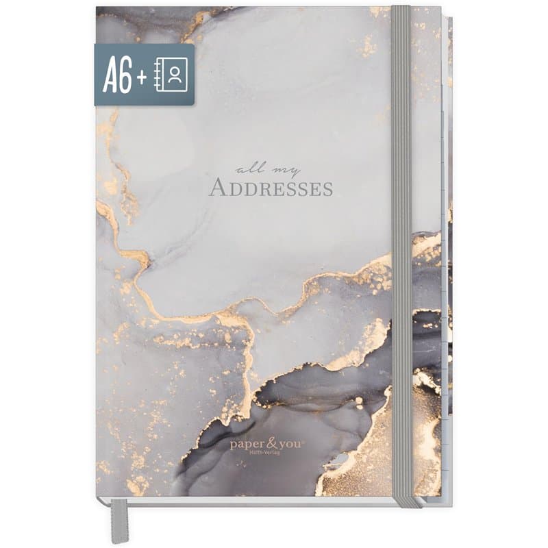 paper&you® Carnet d'adresses A6+ avec onglet A-Z « Grey Marble » Livre pour contacts, anniversaires et mots de passe – Durable e