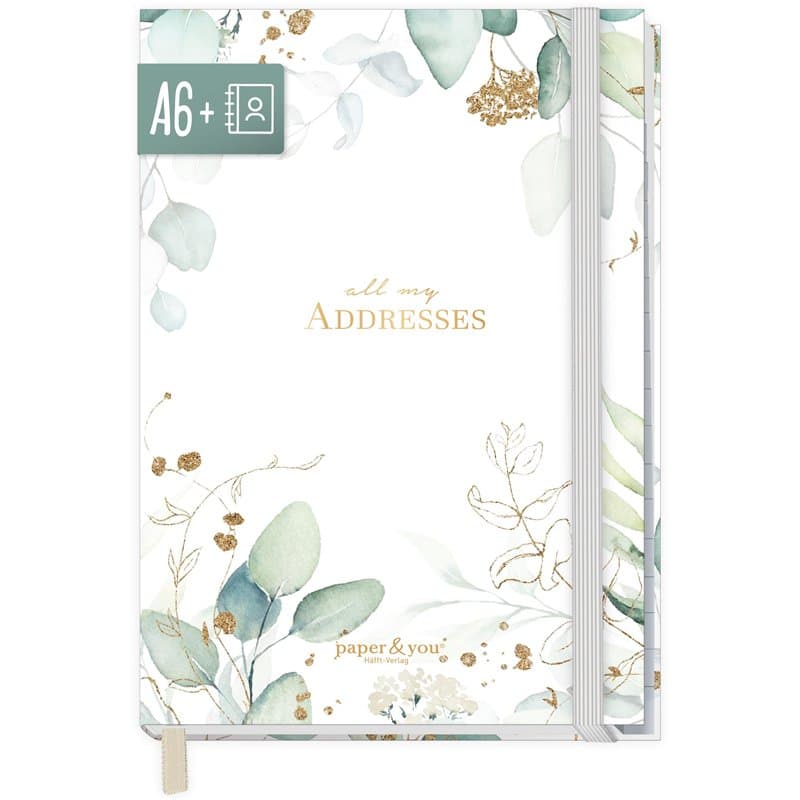 paper&you® Carnet d'adresses A6+ avec onglets A-Z et papier de qualité supérieure 120 g/m² « Feuille d'or » pour contacts, anniv