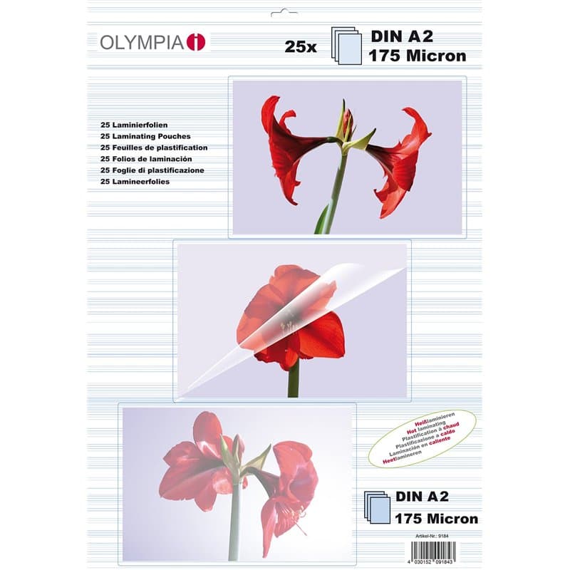 Pochettes de plastification à chaud, DIN A2, 175 microns, 25 pochettes tansparentes