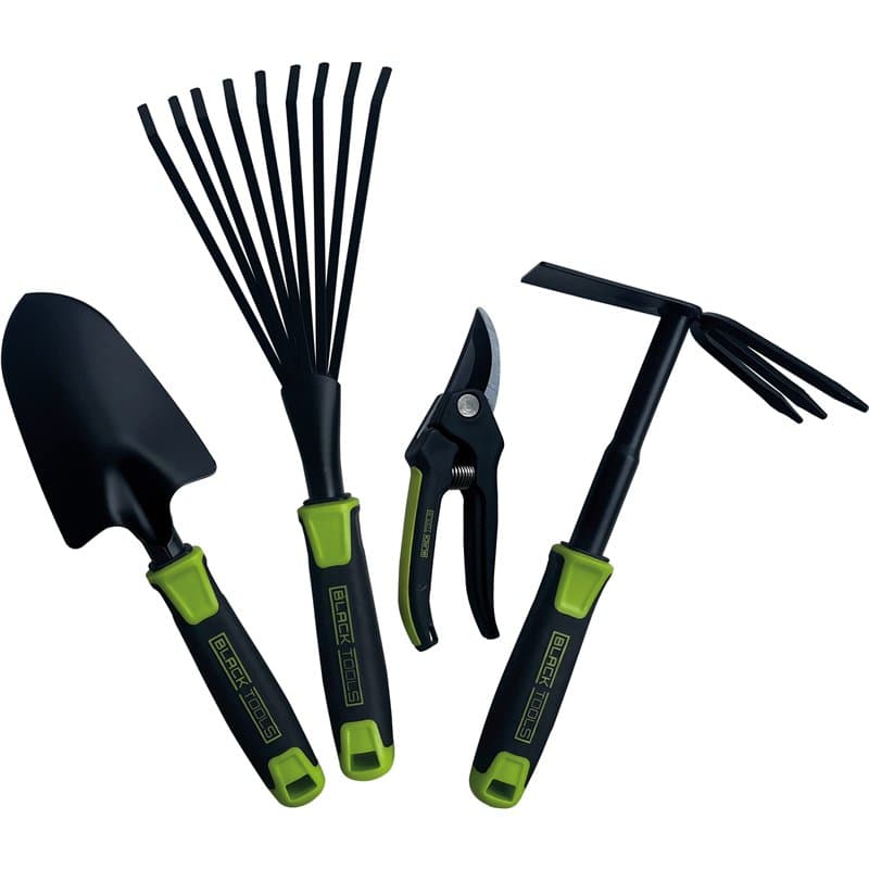 BLACK TOOLS® Garden Kit d'outils de jardinage 4 pièces | Truelle, houe, sécateur, balai à lamelles | Kit optimal pour le petit j