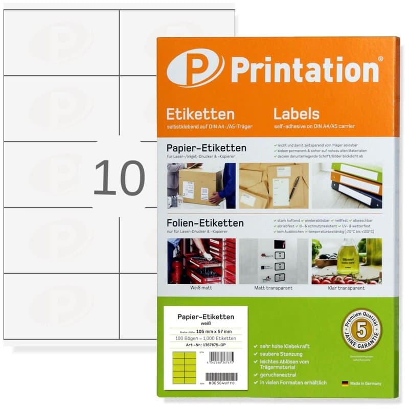 Printation Étiquettes Autocollantes 105 x 57 mm, 250 Étiquettes à Imprimer, 100 Feuilles de Papier Autocollant Imprimante A4, Bl