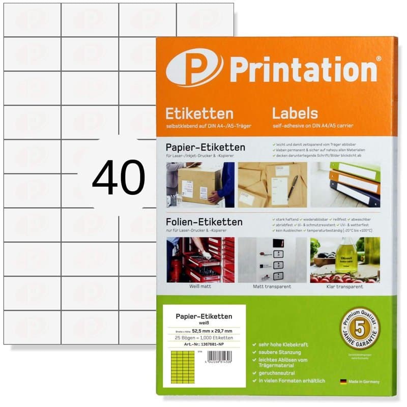 Printation Étiquettes Autocollantes 52,5 x 29,7 mm - 1000 Étiquettes Blanches 52,5x29,7, 40 Étiquettes/Feuille A4, 25 Feuilles P
