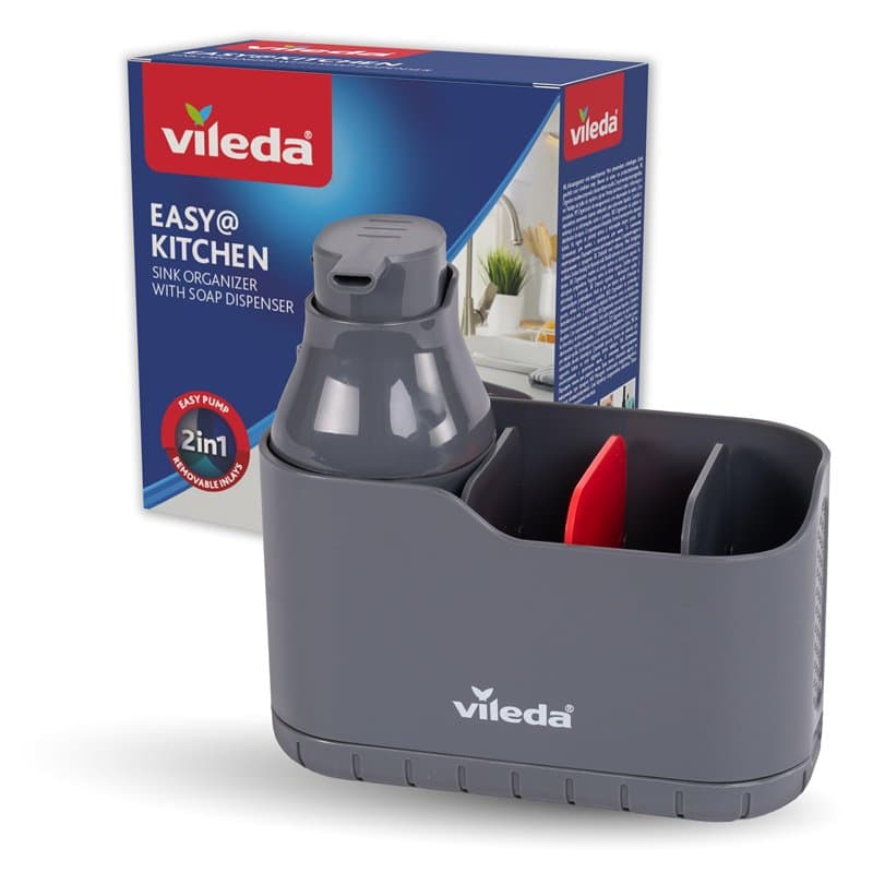 vileda Organisateur d'évier avec distributeur de liquide vaisselle, en plastique, porte-éponge autoportant, distributeur de savo