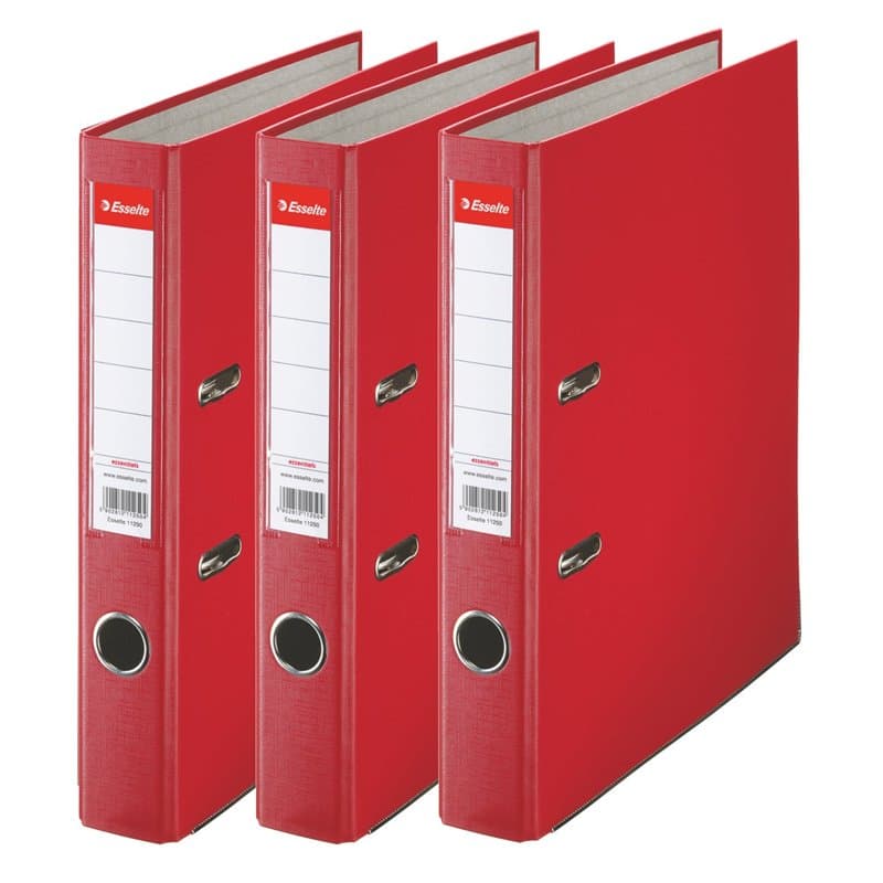 Esselte, Essentials, Pack de 3 Classeurs à levier, Rouge, Dos 50mm, A4, PP, 624296