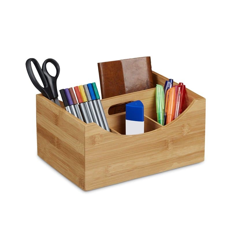 Relaxdays Organiseur de bureau en bambou, Pot à crayons, 4 compartiments, poignée, bois naturel Grain, taille : ca 12 x 25 x 18