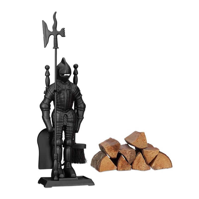 relaxdays Ensemble serviteur de cheminée 4 pièces Accessoire Chevalier Fonte Pelle Balai tisonnier, argenté