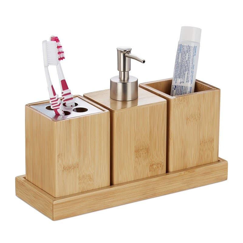 relaxdays Accessoires de Salle de Bain, Lot de 4, Bambou, Distributeur de Savon à Pompe, gobelet à Brosse à Dents, Bol, Nature
