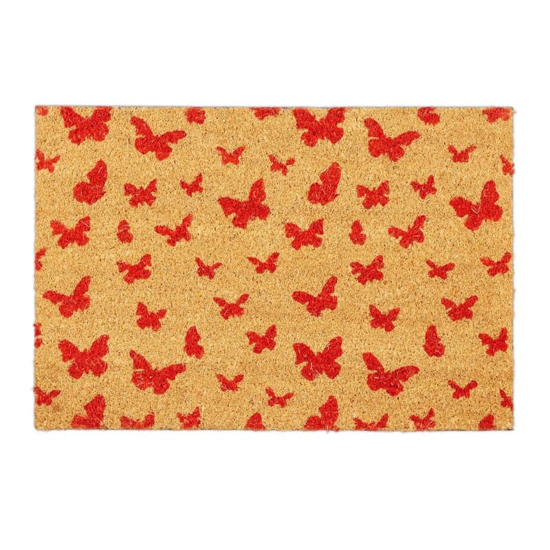 Relaxdays Paillasson Coco, 40x60 cm, Tapis d’entrée Motif Papillon, antidérapant, intérieur et extérieur, Nature/Rouge