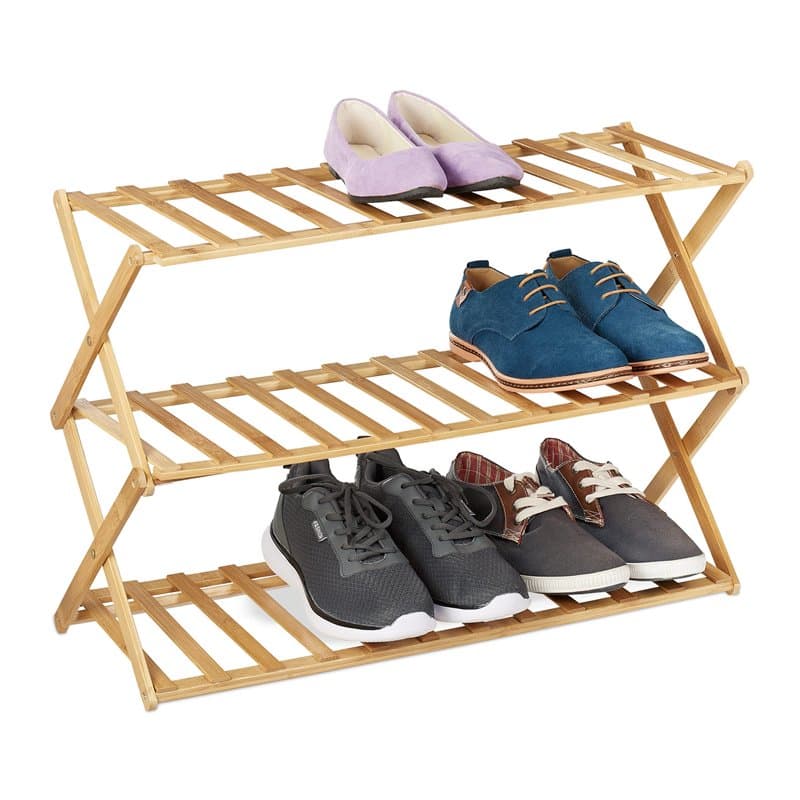 Relaxdays Étagère à Chaussures Pliable, 3 étages, 9 Paires, Maison, Camping, Support Bambou, HLP : 46x67x26 cm, Nature