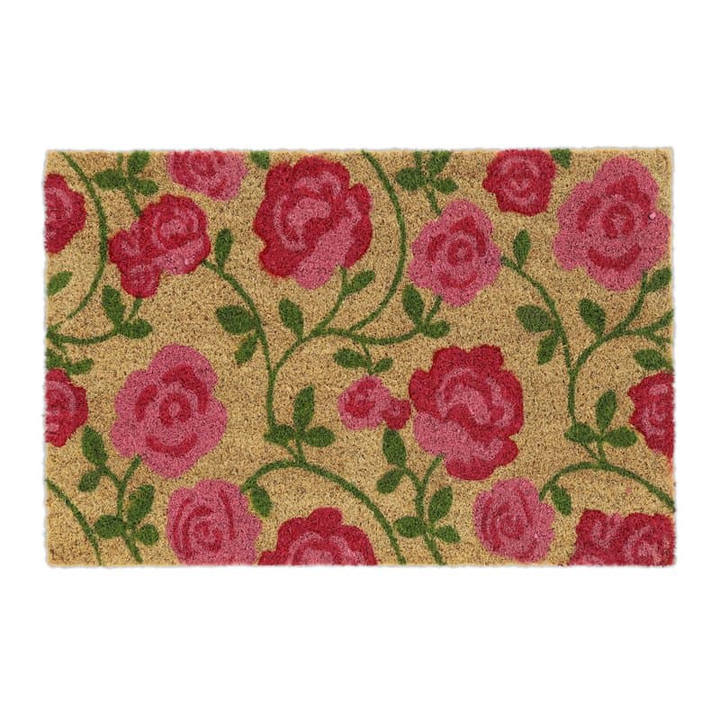 Relaxdays Paillasson Coco, Motif de Roses, Tapis de Porte 40x60 cm, intérieur, extérieur, antidérapant, Rose Vif/Nature, 1 unité