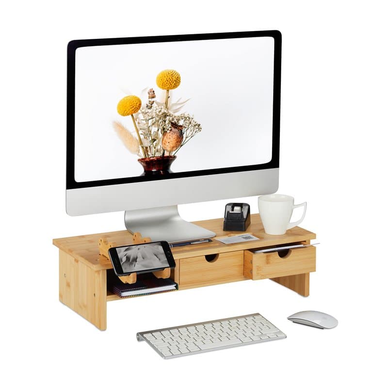 Relaxdays Support d'écran en Bambou, 2 tiroirs, réhausseur d'écran d'ordinateur/Laptop, HxLxP : 14 x 54 x 23 cm, Naturel