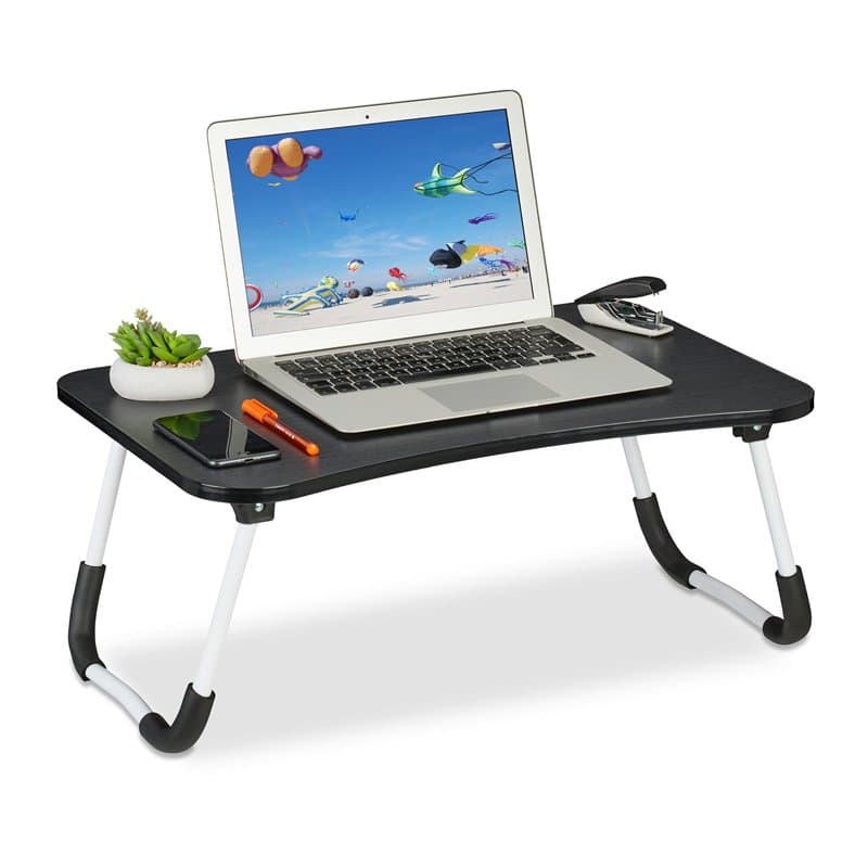 Relaxdays Table de lit, Tablette canapé, HxLxP : 26x63x40 cm, Support Pliable, Ordinateur Portable, MDF, Fer, Noir
