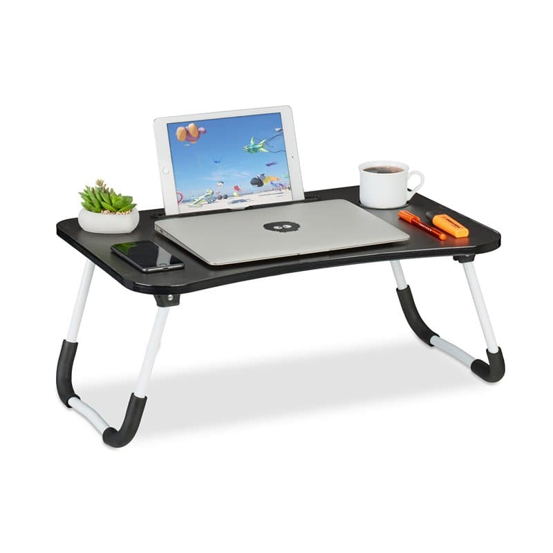 Relaxdays Table lit et canapé Ordinateur Portable, Porte-Tablette, Encoche gobelet, HxLxP : env. 26x63x40 cm, Blanc/Noir