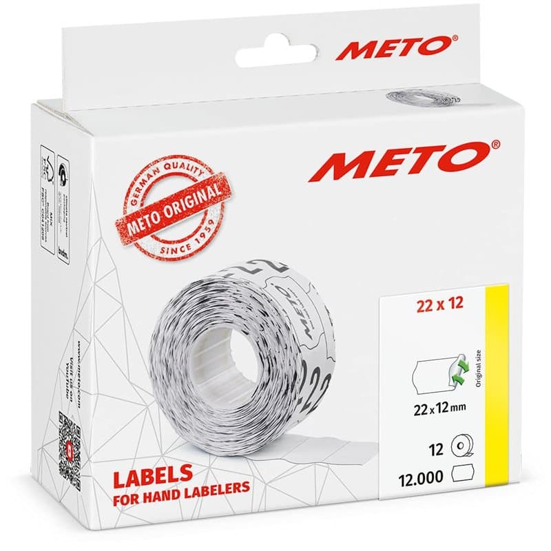 Étiquettes Meto pour étiqueteuse manuelle (22x12 mm, 1 ligne, papier blanc, 12 000 étiquettes, amovible, pour appareils Meto, Co