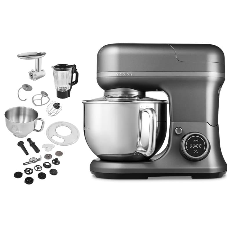 MEDION Robot de cuisine universel 3 en 1 (numérique, 1 200 watts, 8 vitesses, mélanger pétrir remuer mixer hachoir, bol à glace