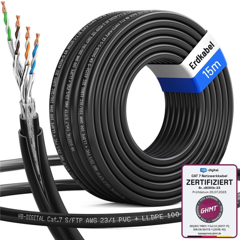 HB-DIGITAL Câble réseau d'extérieur CAT 7 de 15 m pour pose directe à la terre S/FTP AWG23/1 en cuivre pur - Double gaine en PVC