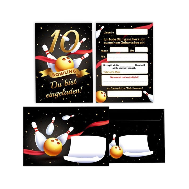 Minkocards Lot de 12 cartes d'invitation avec 12 enveloppes pour 10e anniversaire d'enfant - Cônes de bowling pour filles et gar