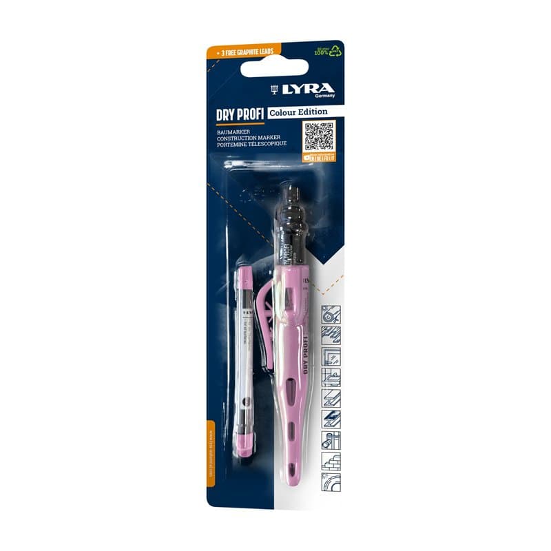 LYRA Dry Profi Colour Edition Lot de 2 marqueurs de chantier, rose, avec 3 mines gratuites sous blister, graphite, 1 pièce
