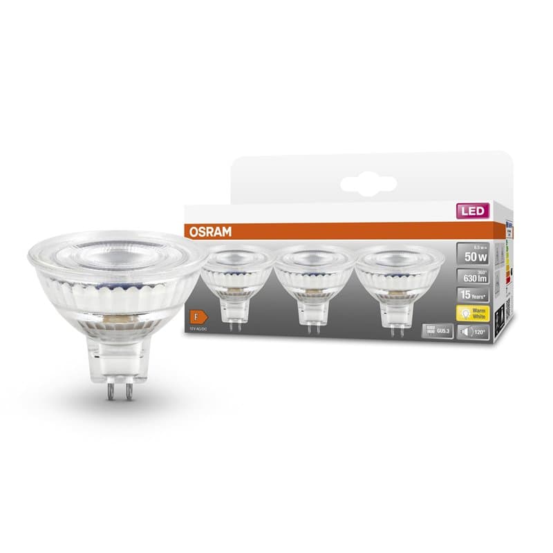 OSRAM LED Spot MR16 GL 50 Niedervolt LED-LED-LEMPLE, Socket Gu53, 3 Spack, 6,5 W, 630lm, 2700k, lumière blanche chaude, longue d