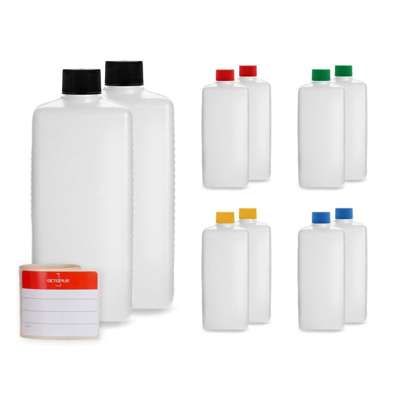 Octopus 10x 500 ML Bouteilles en Plastique, Bouteilles en Plastique HDPE avec Bouchons à vis colorés, Bouteilles vides, Bouteill