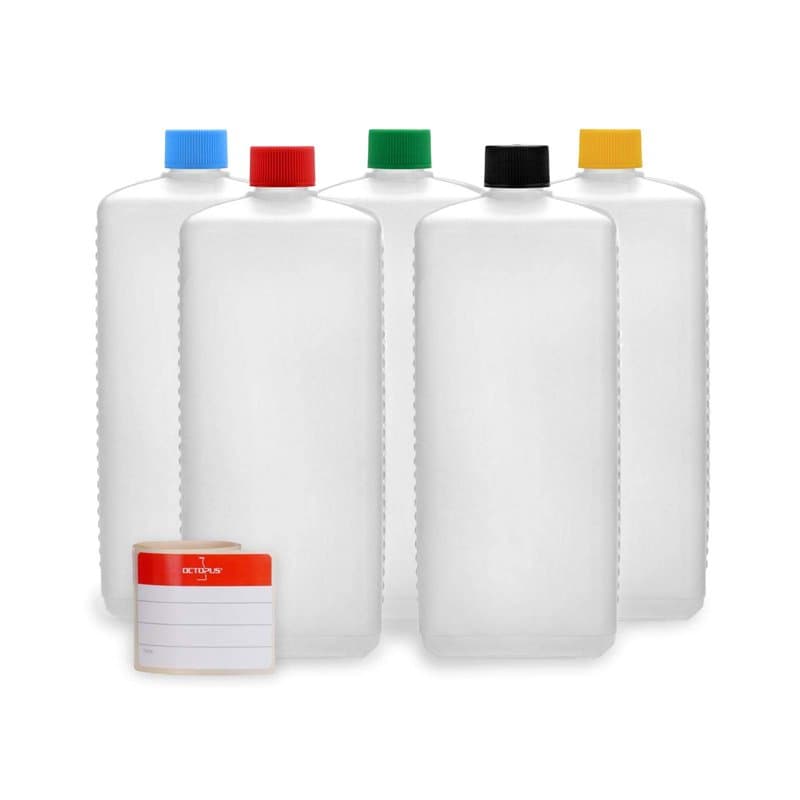 Octopus Bouteilles en Plastique 5X 1000 ML, Bouteilles en Plastique PE-HD avec Bouchon à vis de Couleur vive, Bouteilles vides a