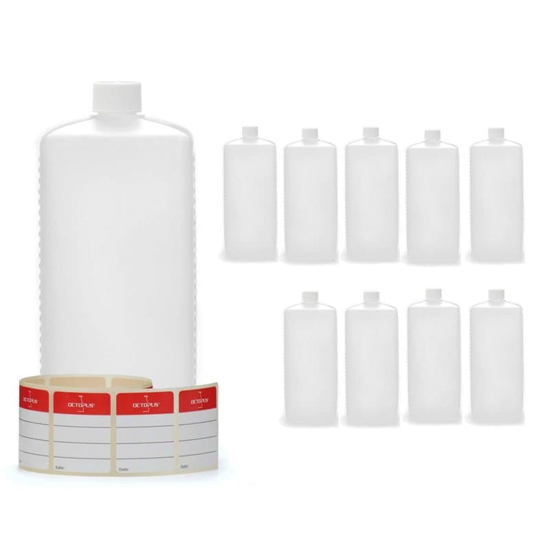 Octopus Bouteilles en Plastique 10 x 1000 ML, Bouteilles en Plastique PE-HD avec Bouchon à vis de Blanc, Bouteilles vides avec B